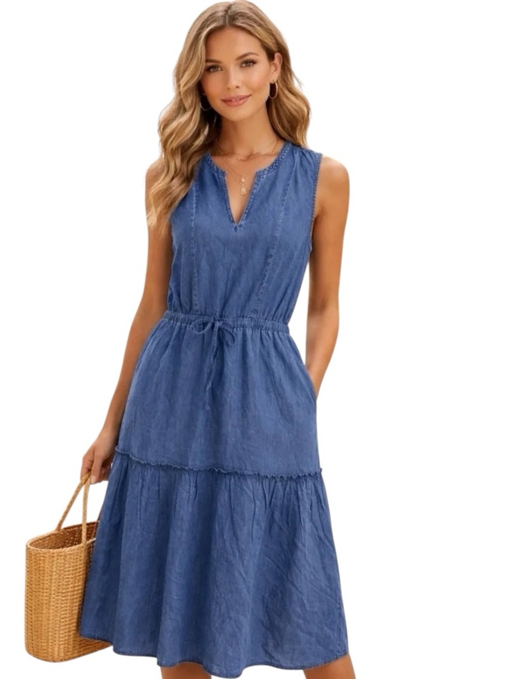 Lands' End Sleeveless Chambray Tiered Midi Dress in Denim Blue